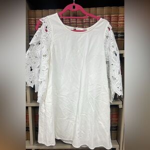 Umgee White Dress with Crochet Lace Long Sleeves